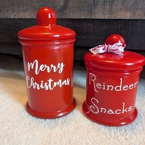 Red merry Christmas Reindeer Snacks canister jars food storage kitchen decor